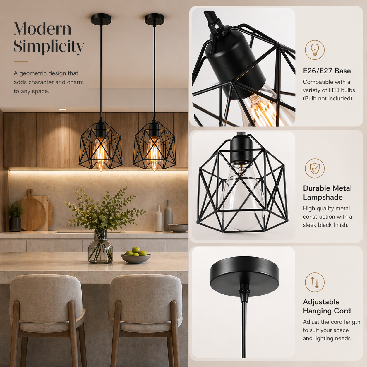 Modern Industrial Cage Pendant Light – E27 Kitchen & Dining Lighting