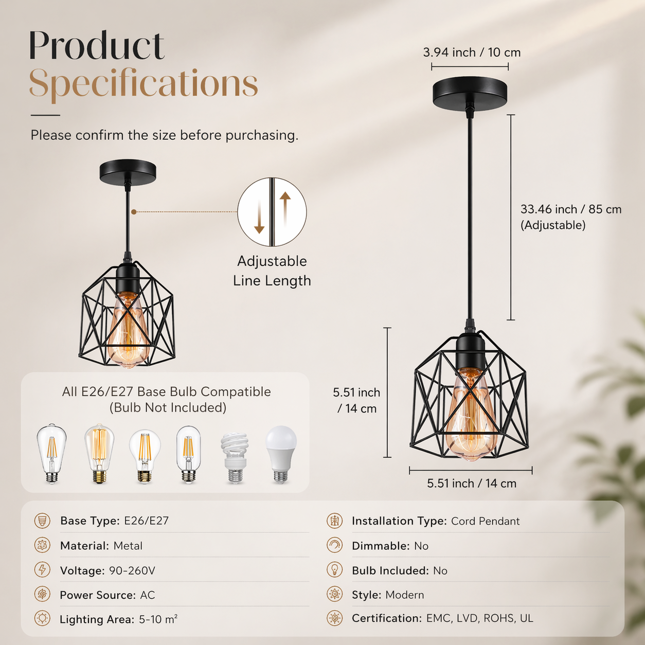 Modern Industrial Cage Pendant Light – E27 Kitchen & Dining Lighting