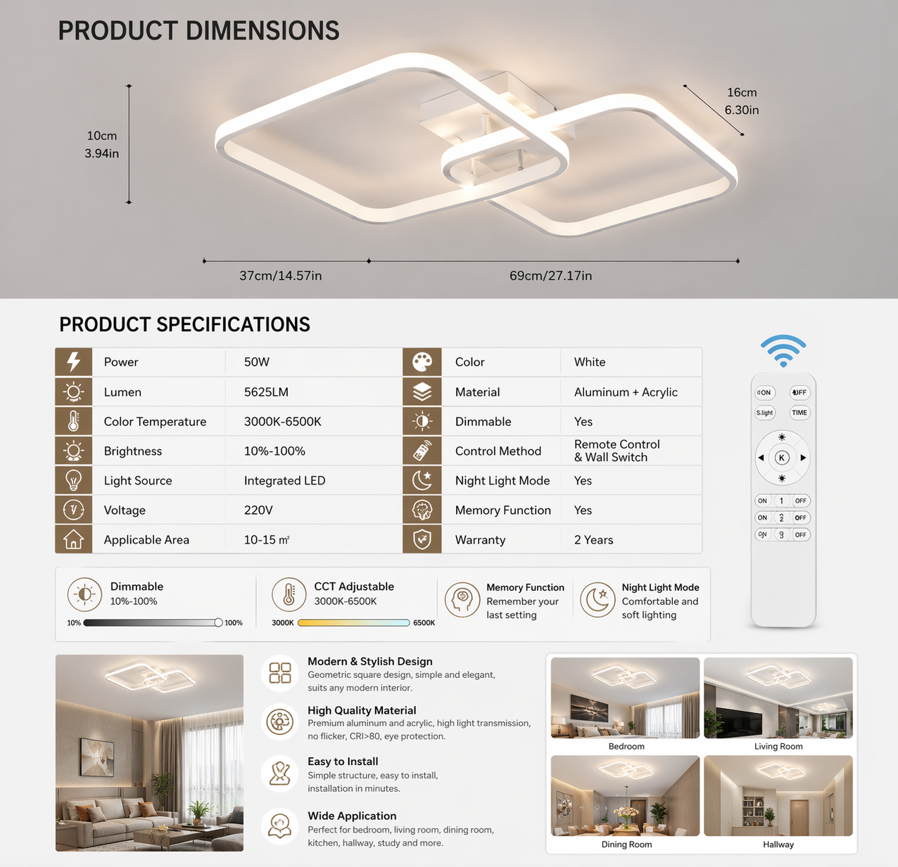 Modern Square Dimmable LED Ceiling Light