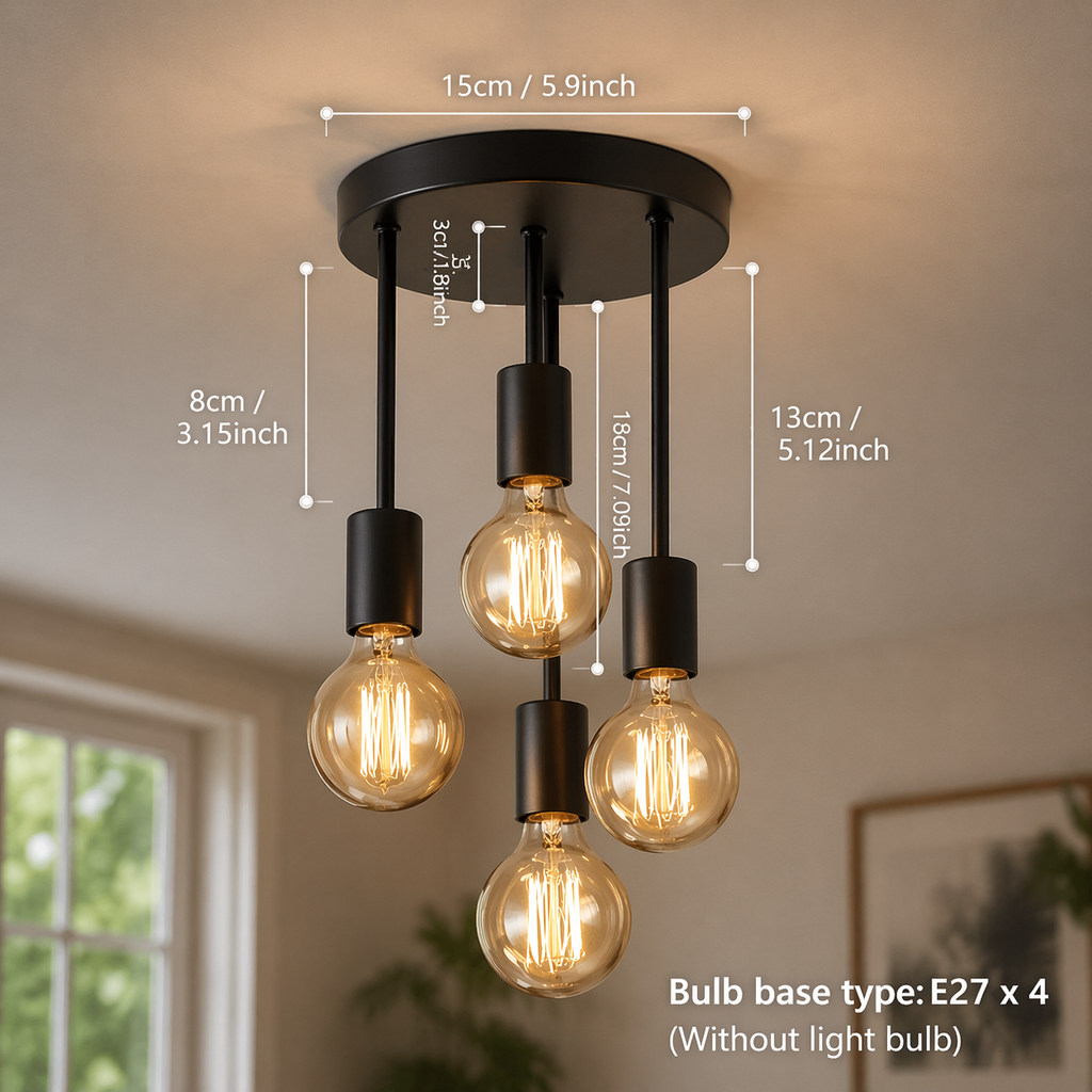 Modern Black 4-Light Ceiling Light – Industrial E27 Fixture