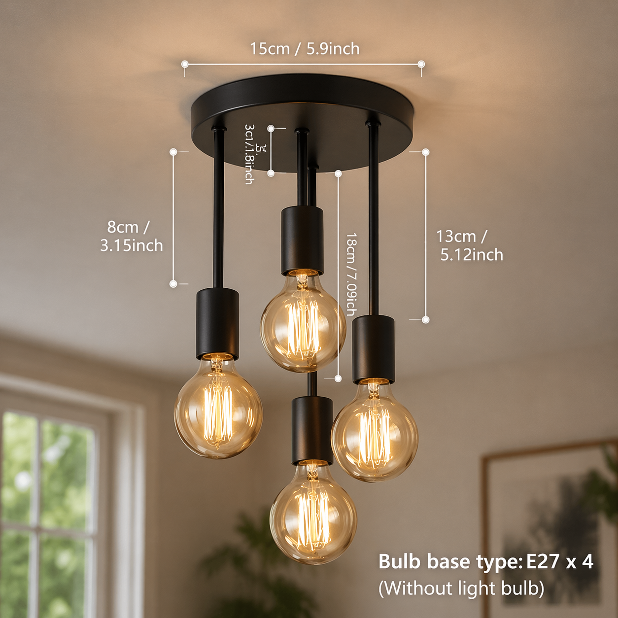 Modern Black 4-Light Ceiling Light – Industrial E27 Fixture