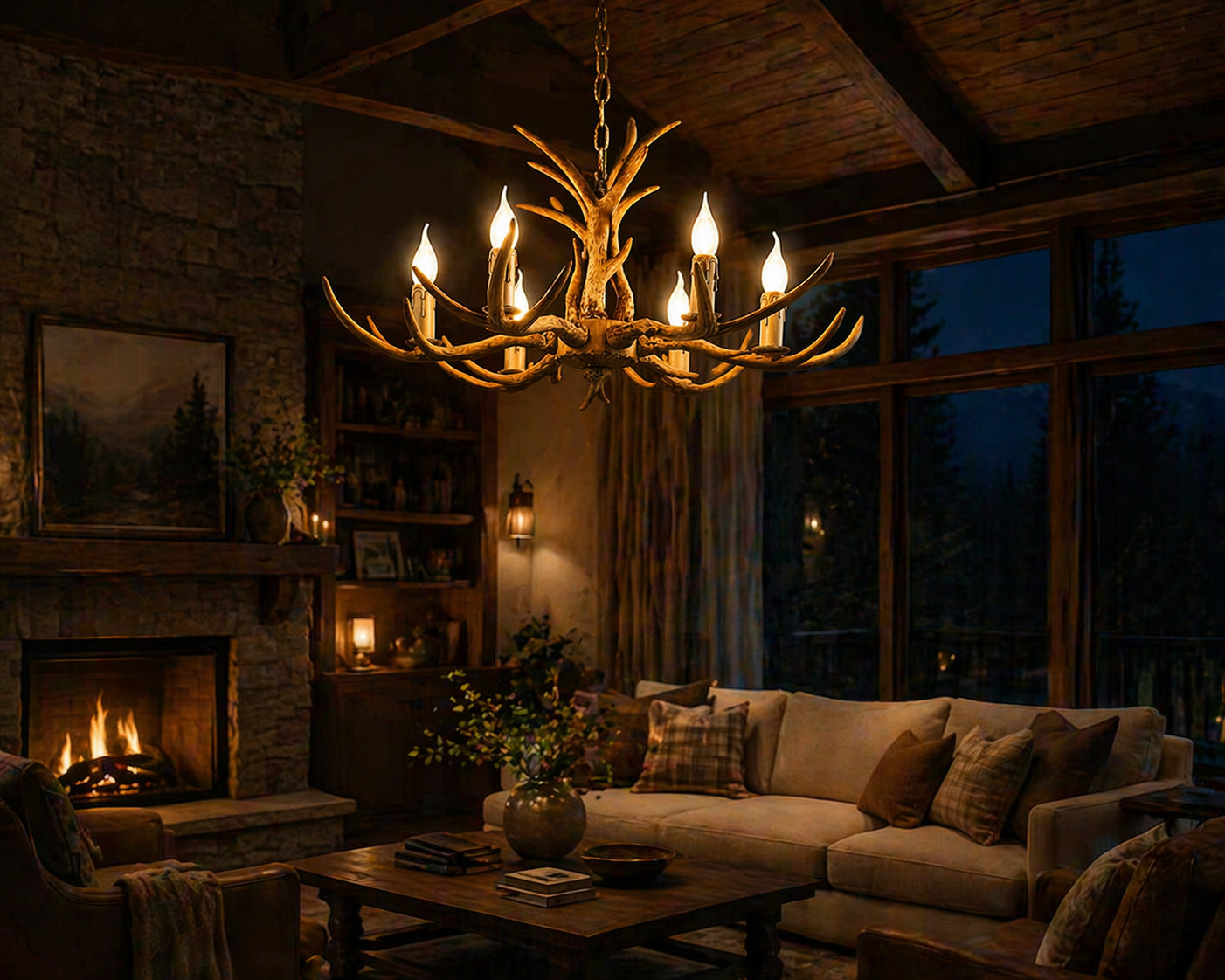 Rustic Antler Chandelier – 6 Light Ceiling Fixture – Dining Room Lighting